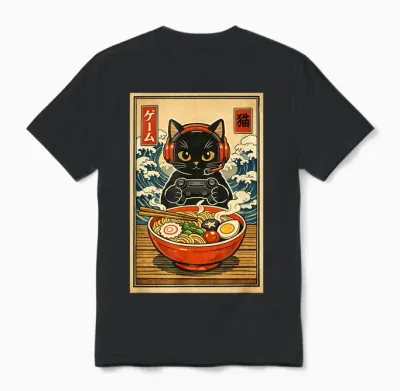 Kawaii Gamer Cat Funny Ramen Retro Cute Japanese Cat Gaming Unisex T-Shirt - Black