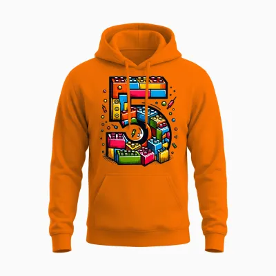 Children's 5th Birthday with Building Blocks Gift Idea T-Shirt, Black Unisex Hoodie - Safety Orange