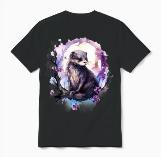 Otter Floral Moon Tierliebhaber Wald Buntes Kunstwerk Unisex T-Shirt in Black