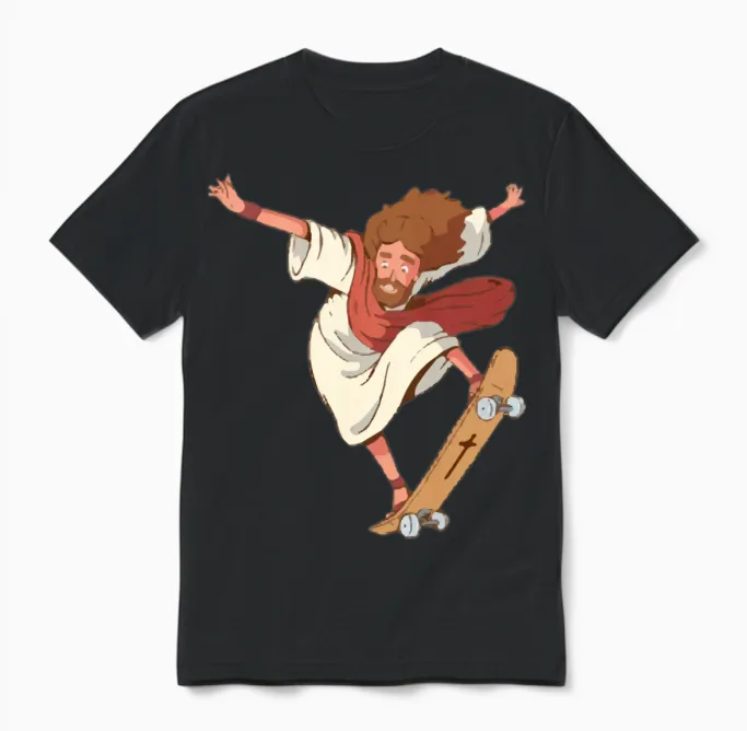 Jesus Skateboarding Funny Skateboard Unisex T-Shirt in Black