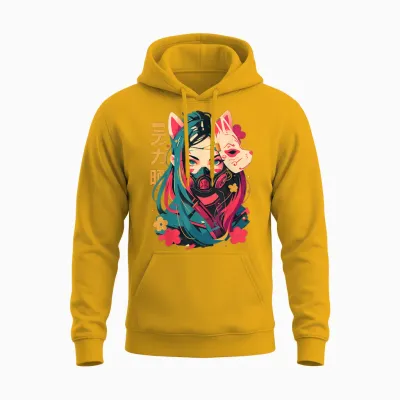 Anime Manga Cyberpunk Aesthetic Techwear Harajuku Kitsune T-Shirt, Black Unisex Hoodie - Gold
