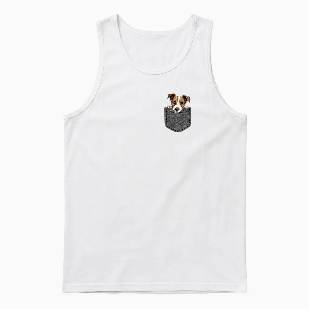 Dog in Chest Pocket Jack Russell Terrier T-Shirt, Black Unisex Tank Top in White