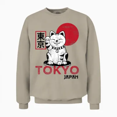 Maneki Neko Cat Lucky Charm Waving Arm Kawaii Anime Japan Tokyo Unisex Sweatshirt - Sand