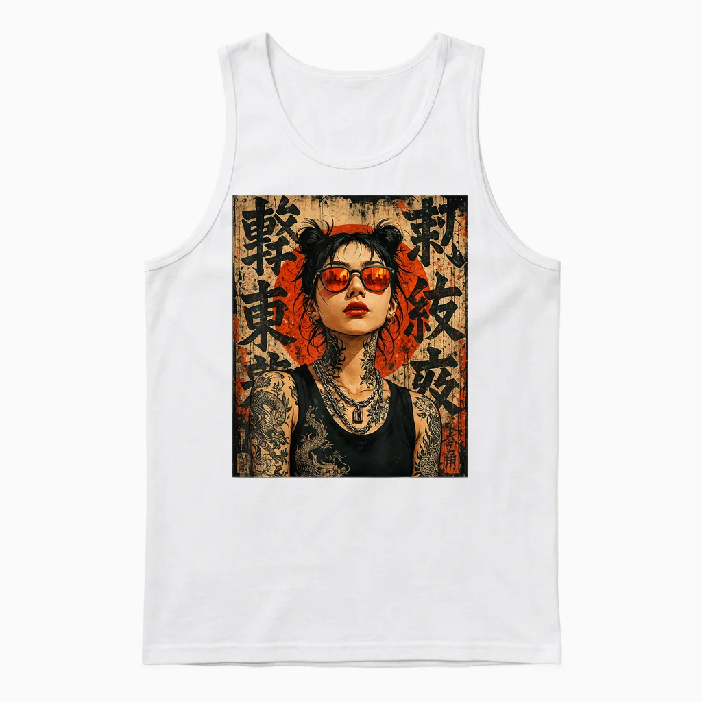 Anime Kawaii Japanese Samurai Geisha Tattoo K-Pop Y2k Manga Unisex Tank Top in White