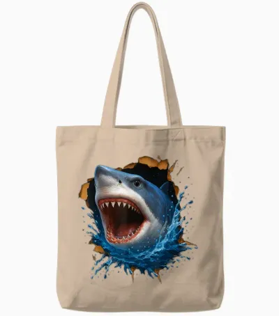 Toller Weißer Hai, Zerrissener Stoff, Lustige 3d-Grafik Tote Bags - Natural