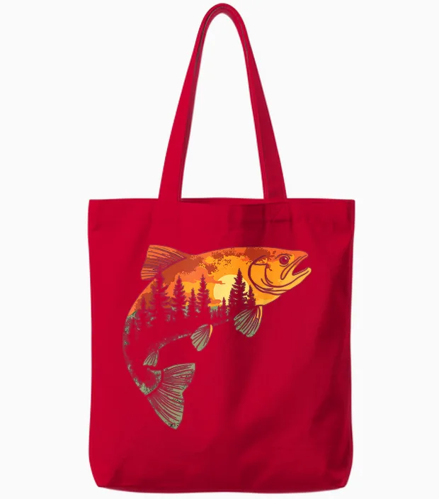 Fishing, Trout, Fly Fishing, Angler Fisherman, Nature Forest Tote Bags in Red
