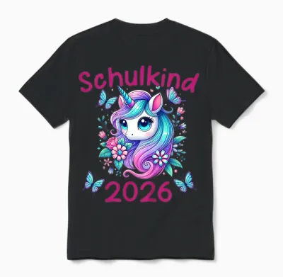 Kinder Mädchen Einhorn Schulanfang Schulkind 2026 Unisex T-Shirt - Black