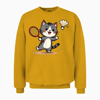 Funny Badminton Cute Cat Racket Flying T-Shirt, Black, S Unisex Sweatshirt - Gold