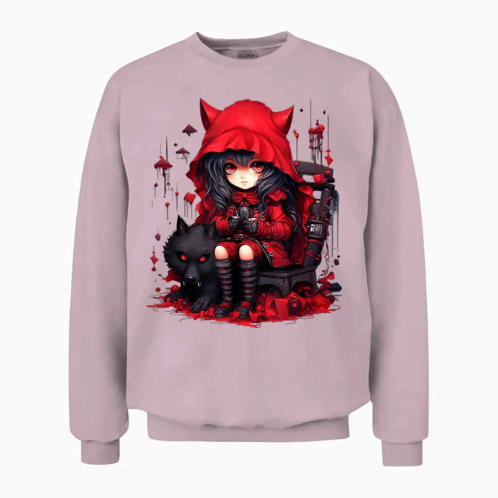 Chibi Little Red Riding Hood and Bad Wolf | Anime Kawaii Style T-Shirt, Black Unisex Sweatshirt in Light Pink