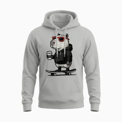 Cool Capybara on Skateboard with Coffee Funny Skater Kapy Unisex Hoodie - Ash