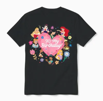 Disney Princess Pink Heart and Flowers It's My Birthday T-Shirt, Black, S Unisex T-Shirt - Black