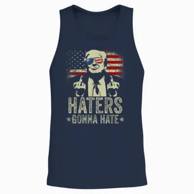 Funny Haters Gonna Hate President Donald Trump Middle Finger T-Shirt, Black Unisex Tank Top - Navy