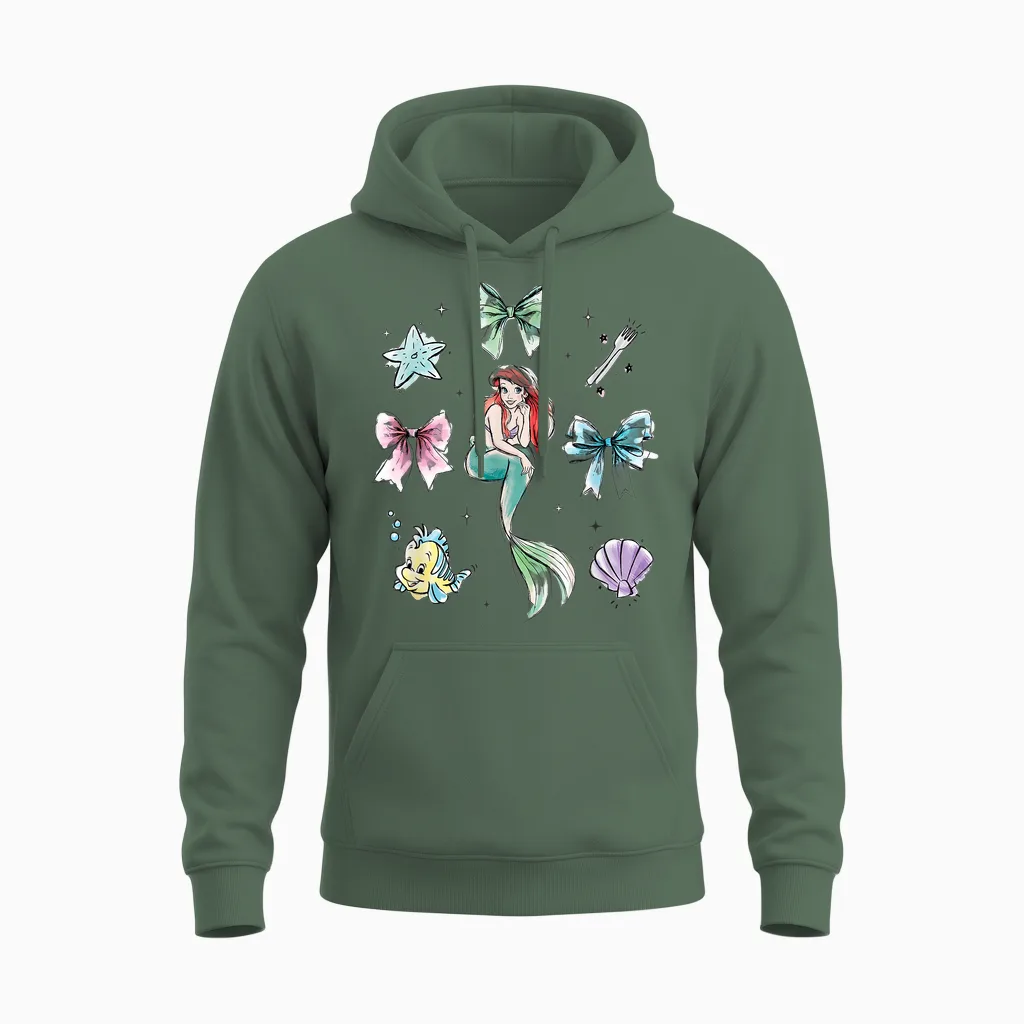 Disney the Little Mermaid Essentials Watercolor Chest Logo Unisex Hoodie in Military Green