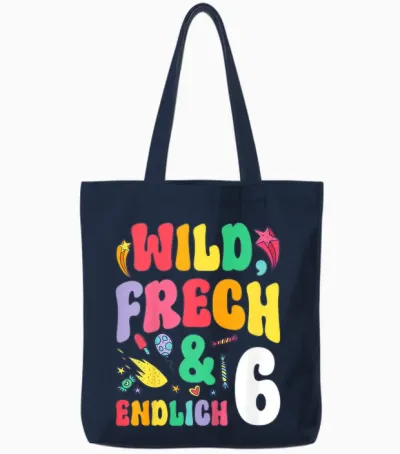 Children's Wild Frech & Endlich 6 Years Old Birthday T-Shirt, Black Tote Bags - Navy