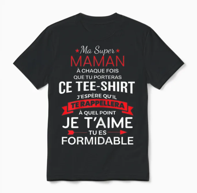 Super Maman Je T'aime Tu Es Formidable Anniversaire Maman T-Shirt, Black Unisex T-Shirt in Black