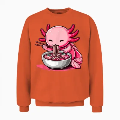Funny Axolotl Noodle Gifts Anime Kawaii Axolotl Eating Ramen Noodles Unisex Kids Teen Adult T-Shirt Black Small Unisex Sweatshirt - Orange