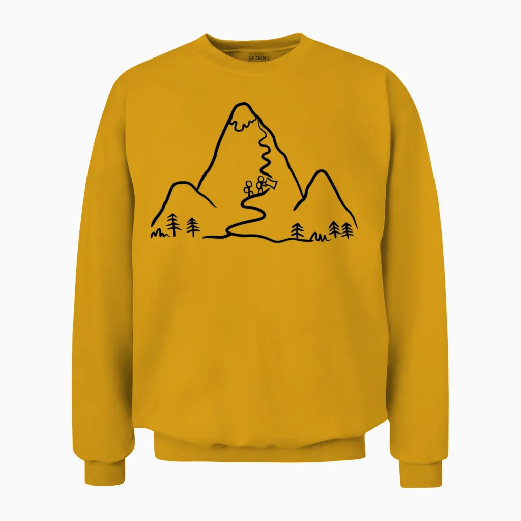 Hiking Illustration, Mountains Unisex Sweatshirt in Gold