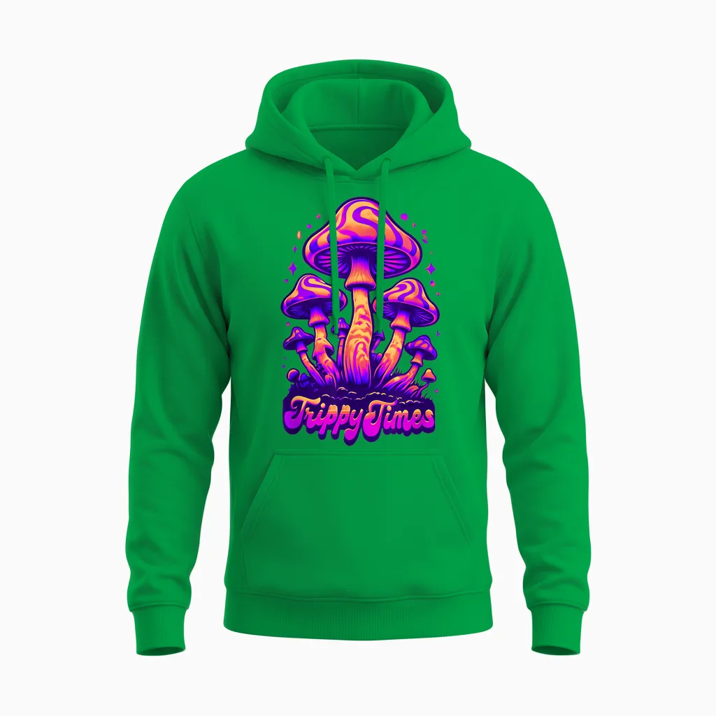 Trippy Times Psychedelic Mushroom Unisex Hoodie in Irish Green