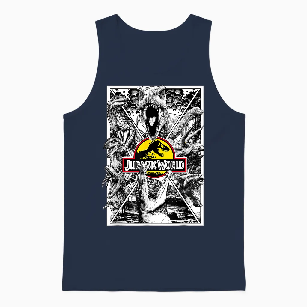 Portrait Jurassic World All Dinos X-Factor T-Shirt, Black, S Unisex Tank Top in Navy