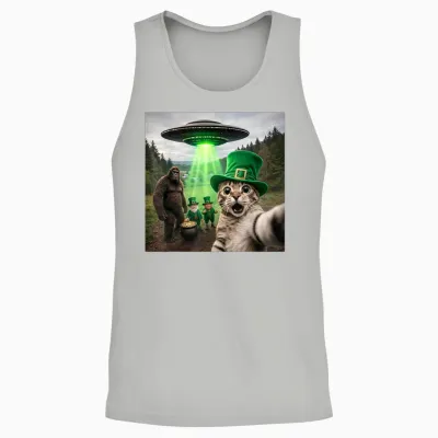 Funny St Patricks Day Cat Selfie with Leprechaun Bigfoot Ufo Unisex Tank Top - Ash