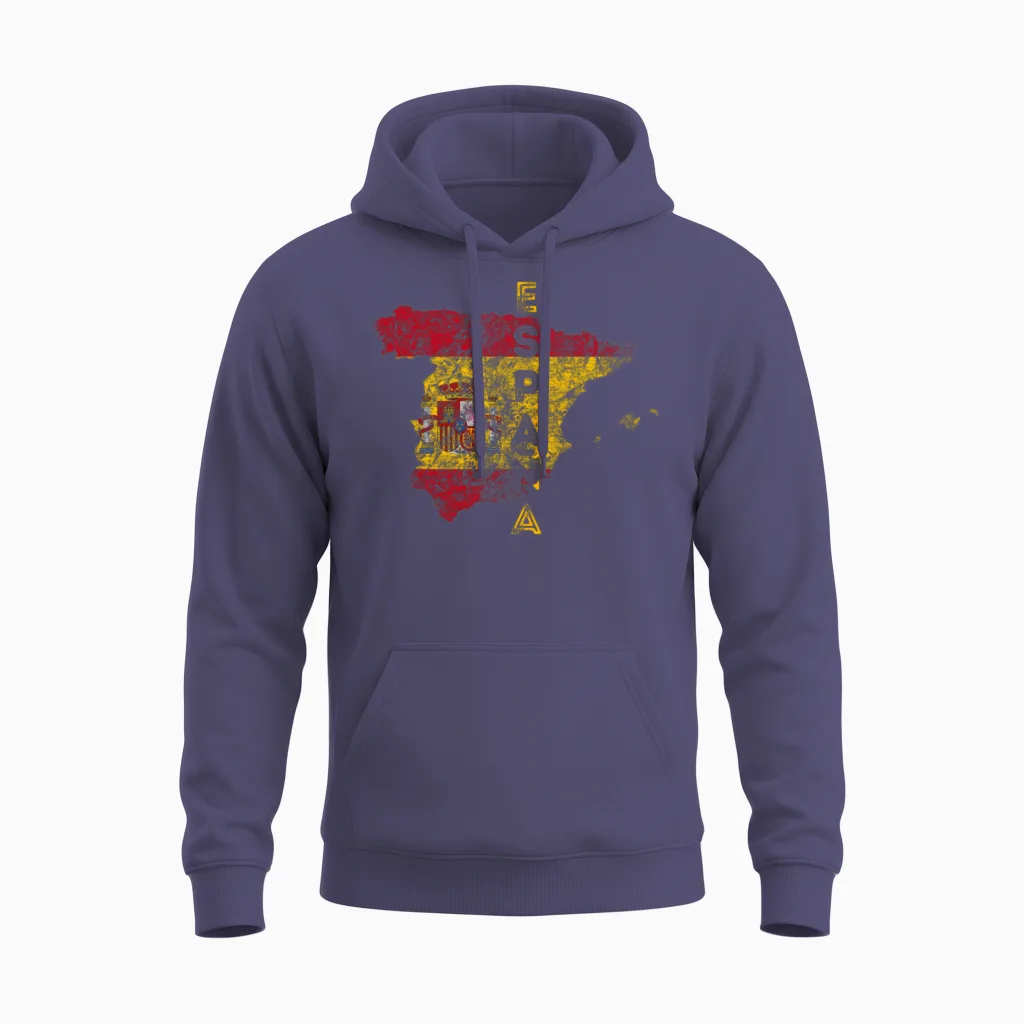 Spain Map and Flag Distressed España Unisex Hoodie in Heather Sport Dark Navy