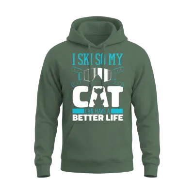Skiing Skier Cat Unisex Hoodie - Military Green