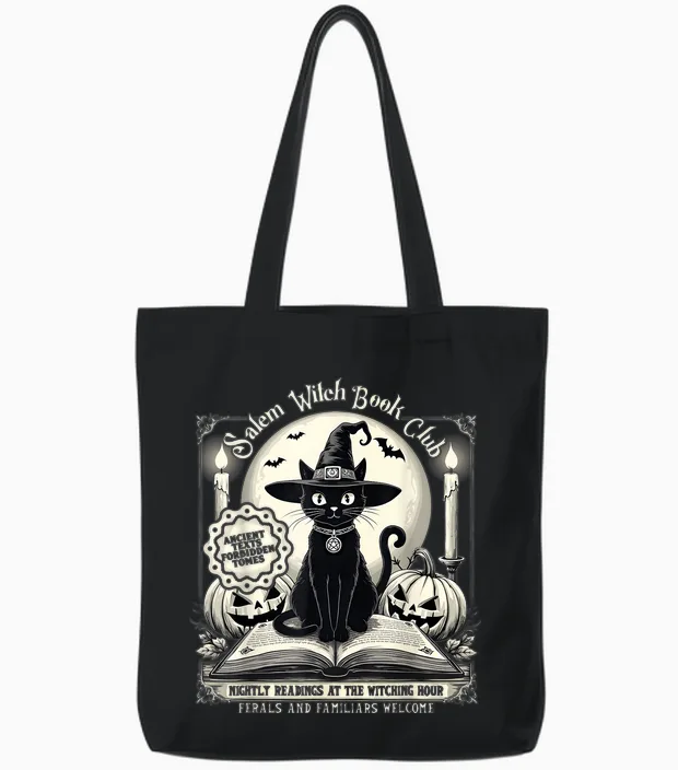 Salem Witch Book Club Vintage Halloween Cat Noir Book Lover Tote Bags in Black