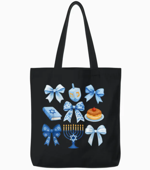 Girls Hanukkah Coquette Bow Dreidel Jewish Menorah Chanukah Tote Bags in Black