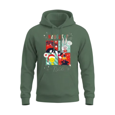 Looney Tunes Naughty or Nice Christmas Unisex Hoodie - Military Green