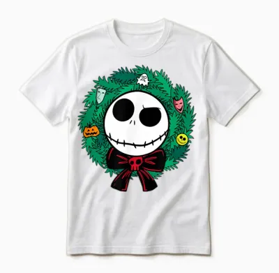 Amazon Essentials Men's Nightmare Before Christmas Jack Festive Holiday Wreath T-Shirt, Blue, Small Unisex T-Shirt - White