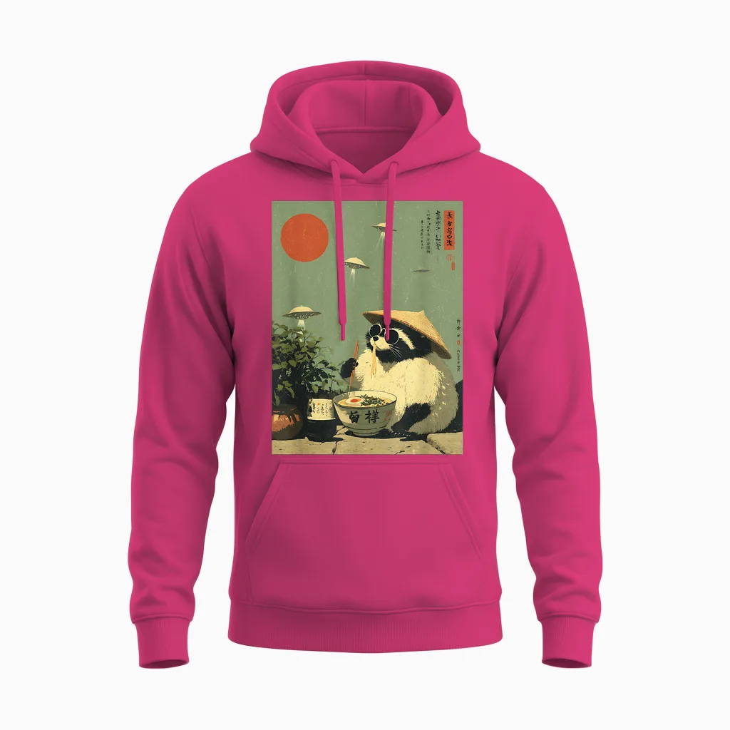 Funny Vintage Japanese Raccoon Ramen Ufo Alien Space Noodles Unisex Hoodie in Heliconia