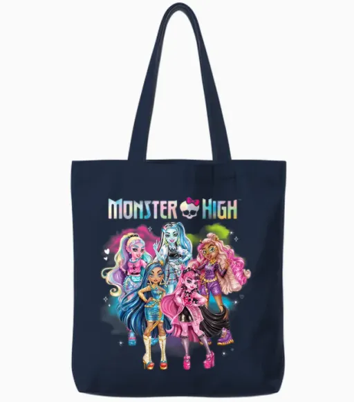 Monster High Alumni Character Rainbow Cloud Group T-Shirt, Black Tote Bags - Navy