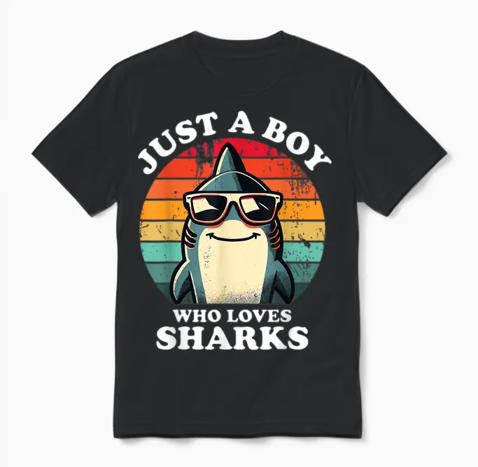 Just a Boy Who Loves Sharks a Shark Lover Fun and Retro Unisex T-Shirt in Black
