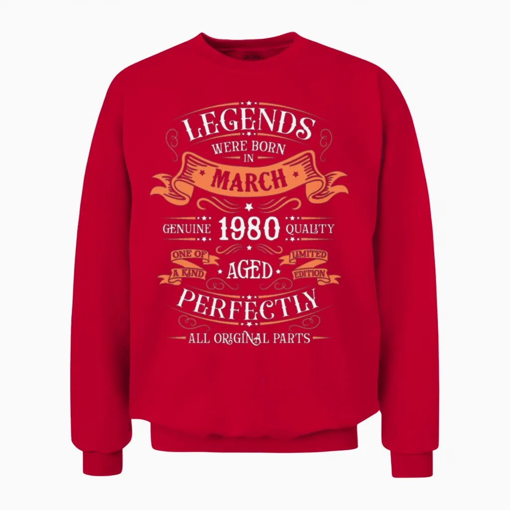 March 1980 Birthday Gift Unisex Sweatshirt in Red