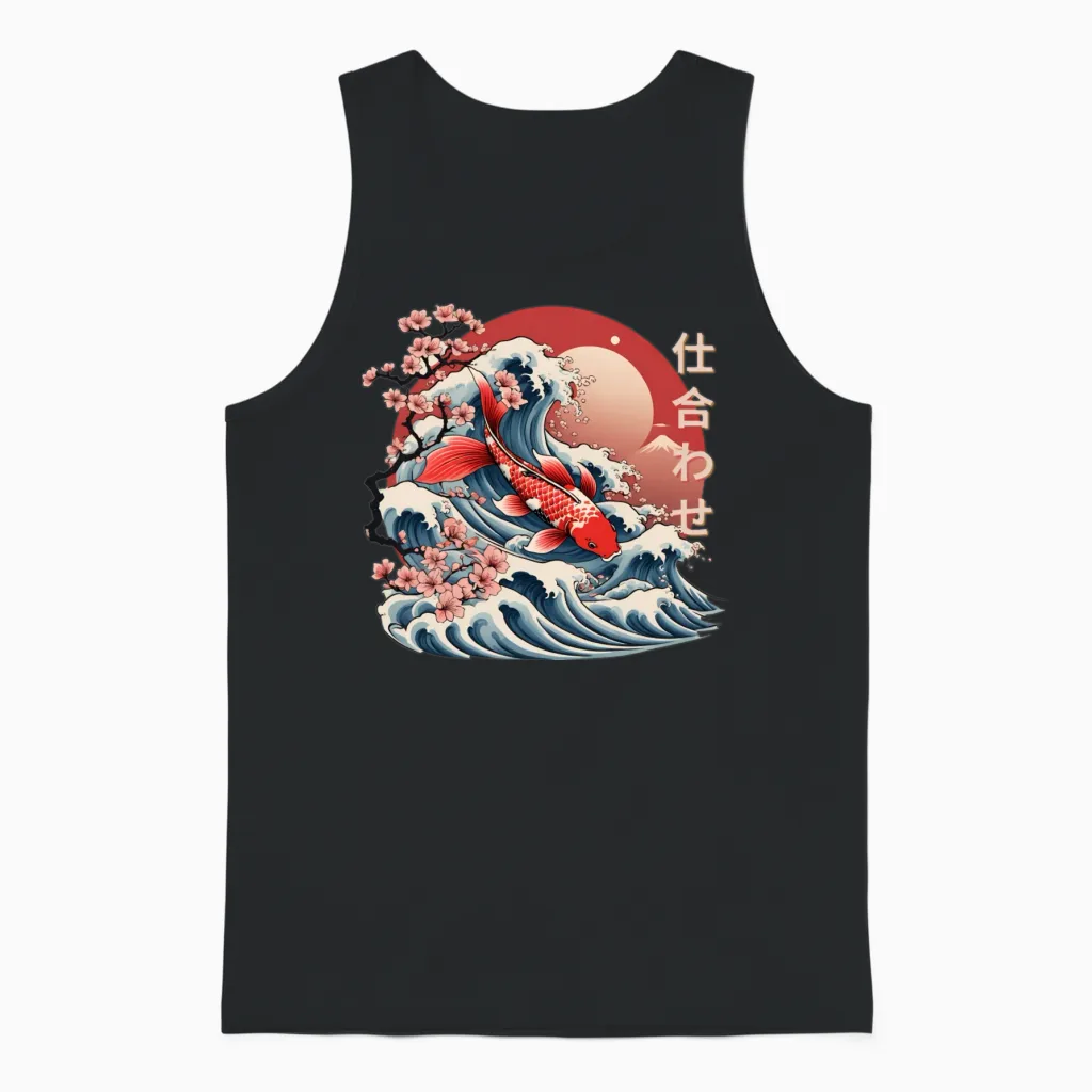 Majestic Koi Fish Ukiyo-E Japanese Design Unisex Tank Top in Black