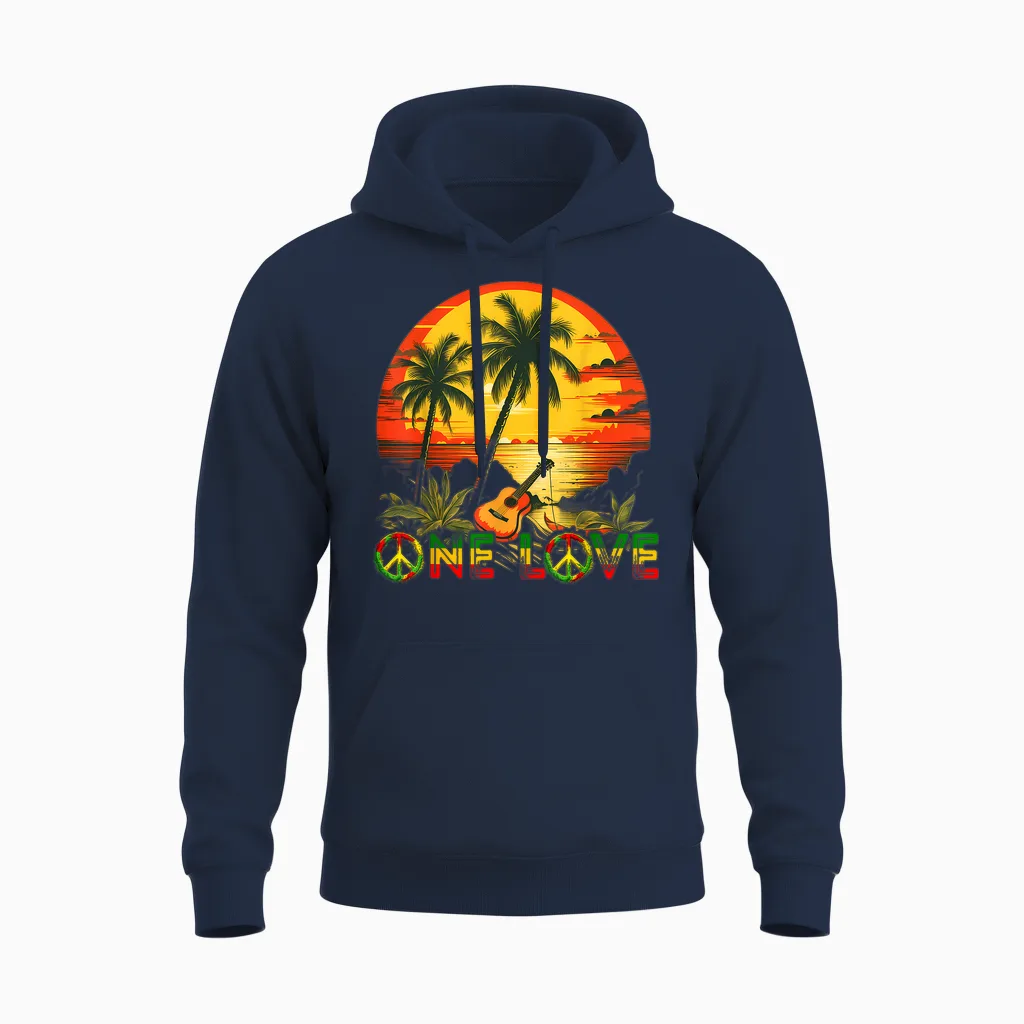 Rasta Reggae Sunset Guitarist Guitar Jamaica Reggae Music T-Shirt, Black Unisex Hoodie in Navy