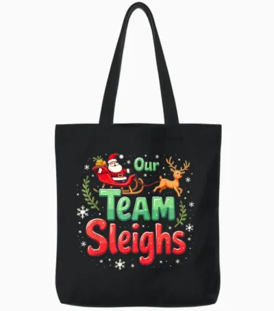 Our Team Sleighs Cheerful Santa Reindeers Team Sleigh Tote Bags - Black