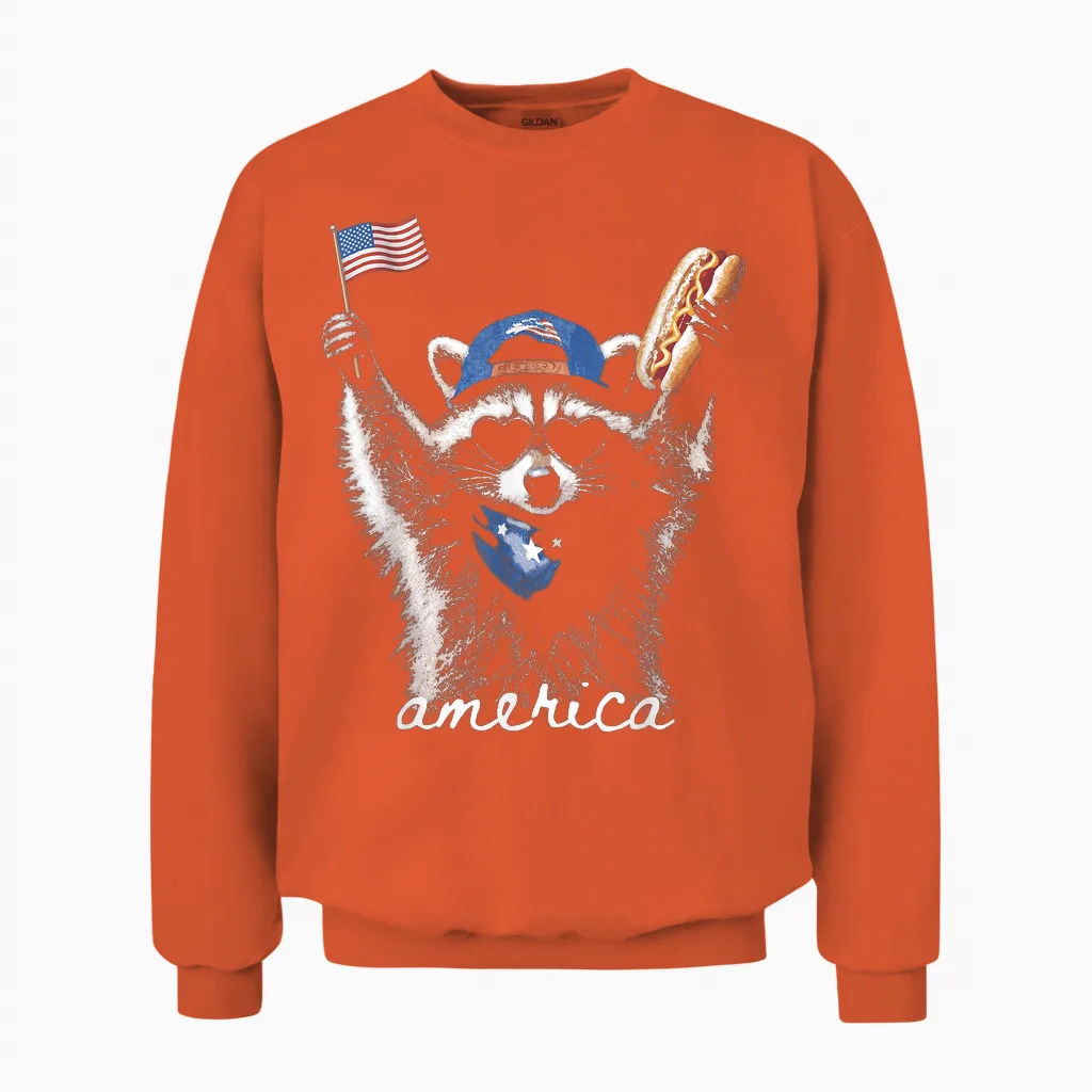 Retro Funny America Raccoon Hot Dog Lovers Patriotic Us Unisex Sweatshirt in Orange