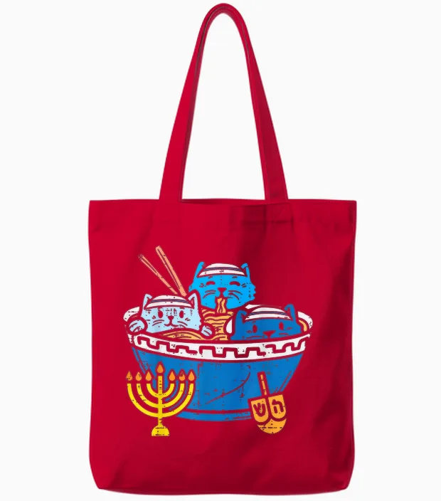Jewish Cats Ramen Kitten Anime Hanukkah Pajamas Chanukah Pjs Tote Bags in Red