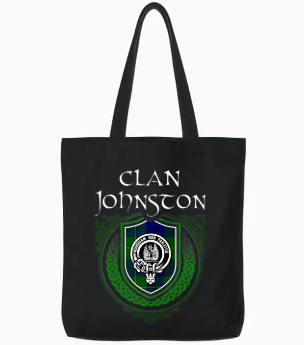 Clan Johnston Scottish Crest Badge and Tartan Tote Bags in Black