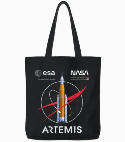 Nasa Artemis Mission Sls Worm and Esa Logo T-Shirt, Black, S Tote Bags - Black