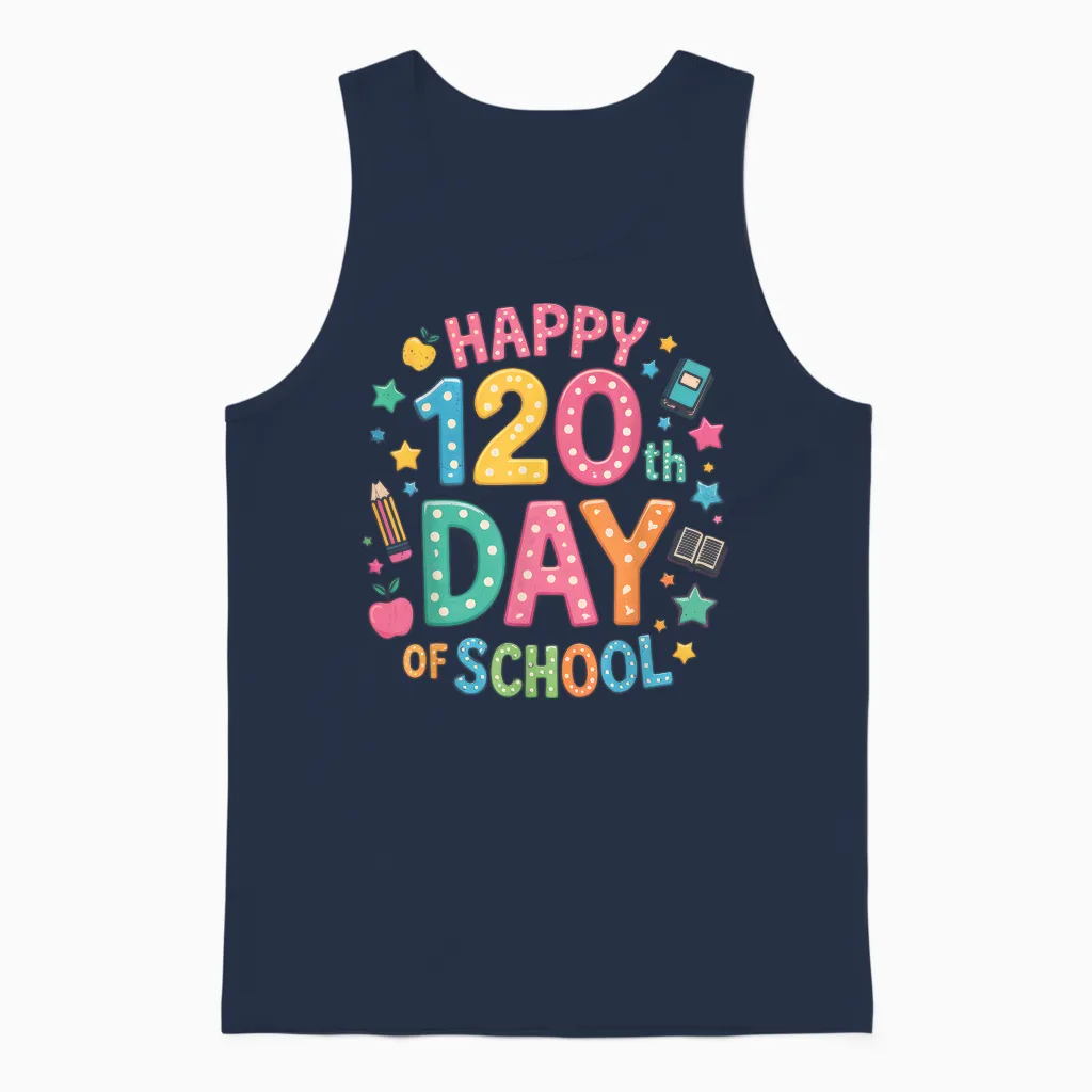 120th Day of School Groovy Teacher Kids 120 Days of School Unisex Tank Top in Navy