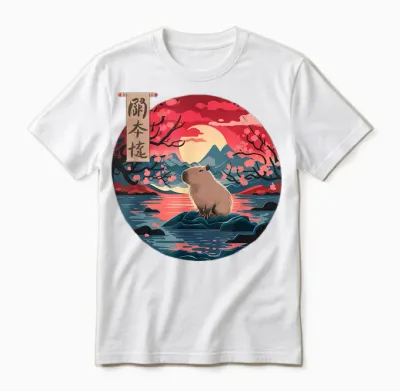 Capybara Vintage Japan Art Japanese Capybara Sunset Unisex T-Shirt - White