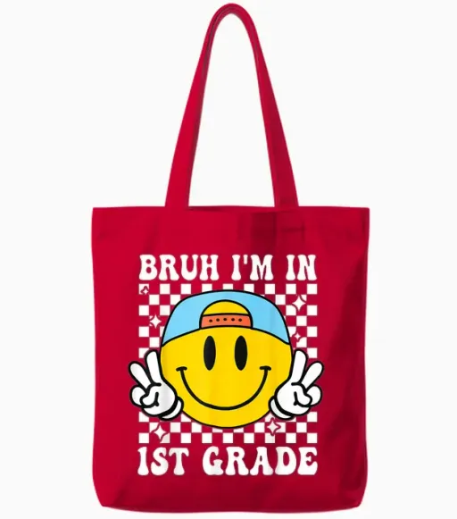 First Grade Boy Bruh I'm in 1st Grade Student Back to School Tote Bags in Red