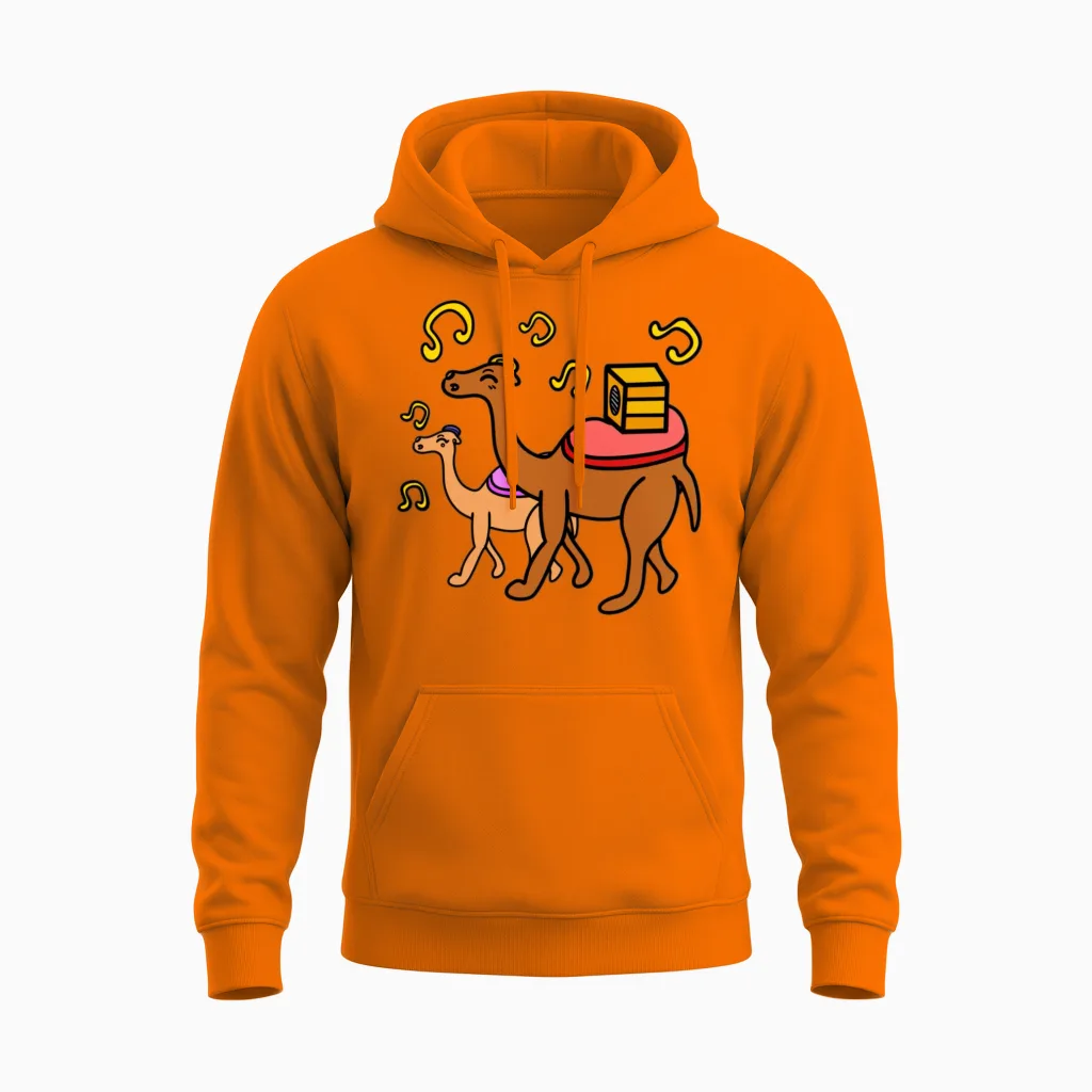 Funny Cartoon Camels Unisex Hoodie in Safety Orange