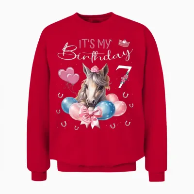 Birthday Shirt Horse Girl 7 Years - It's My Birthday T-Shirt, Black Unisex Sweatshirt - Red