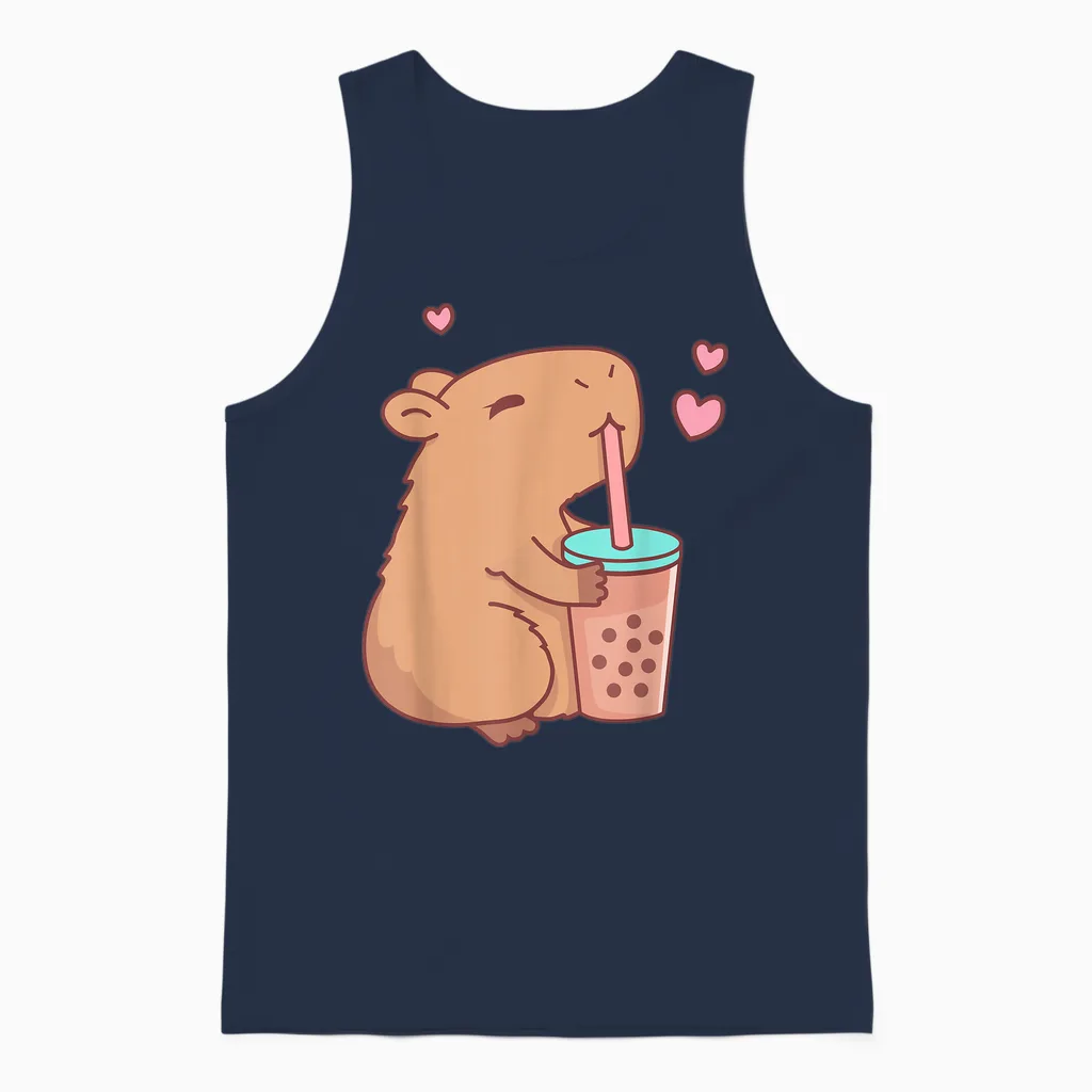 Funny Capybara Bubble Tea Animal Lovers Rodent Capyboba T-Shirt, Black Unisex Tank Top in Navy