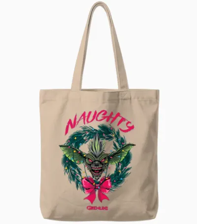 Gremlins Naughty Gremlin Wreath Retro Holiday Movie Tote Bags - Natural