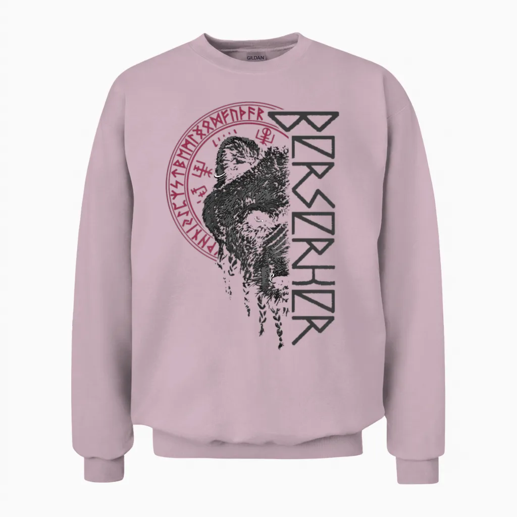 Berserker Bear Warrior Odin Runes Nordic Compass Viking T-Shirt, Black Unisex Sweatshirt in Light Pink