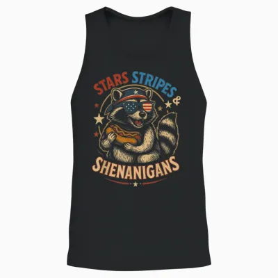 Stars Stripes and Shenanigans Funny Raccoon 4th of July Unisex Tank Top - Black